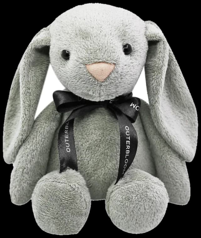 Beanie, a grey bunny plush with long ears and a dark ribbon.