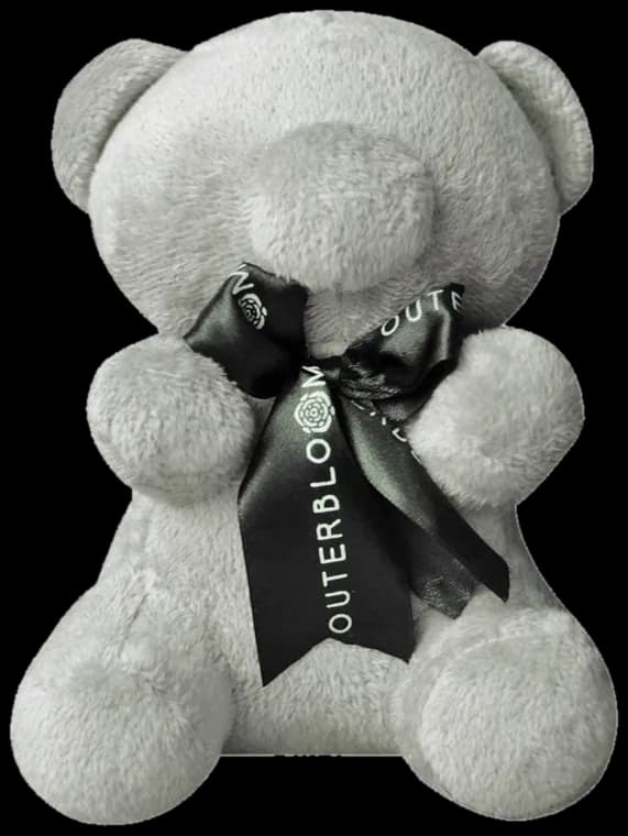 Butarro, a grey bear plush with a dark ribbon.